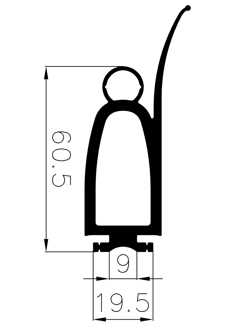 RT G397 60,5×50 mm - EPDM rubber profiles - Sliding door – finger-guard profiles