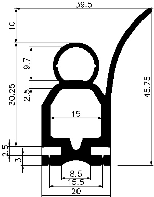 RT - G399 20×45,75 mm - EPDM gumiprofilok - Gördülő ajtó - ujjvédő profilok