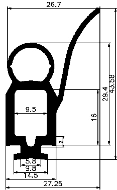 RT - G400 27,3×43,5 mm - EPDM gumiprofilok - Gördülő ajtó - ujjvédő profilok