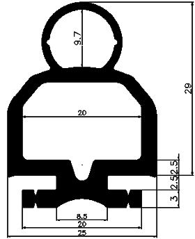 RT - G447 25×29 mm - EPDM gumiprofilok - Gördülő ajtó - ujjvédő profilok