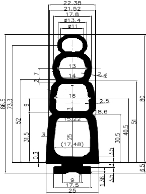 RT G525 86,5×25 mm - EPDM gumiprofilok - Gördülő ajtó - ujjvédő profilok