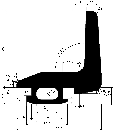 RT - G592 25×27,7 mm - EPDM gumiprofilok - Gördülő ajtó - ujjvédő profilok